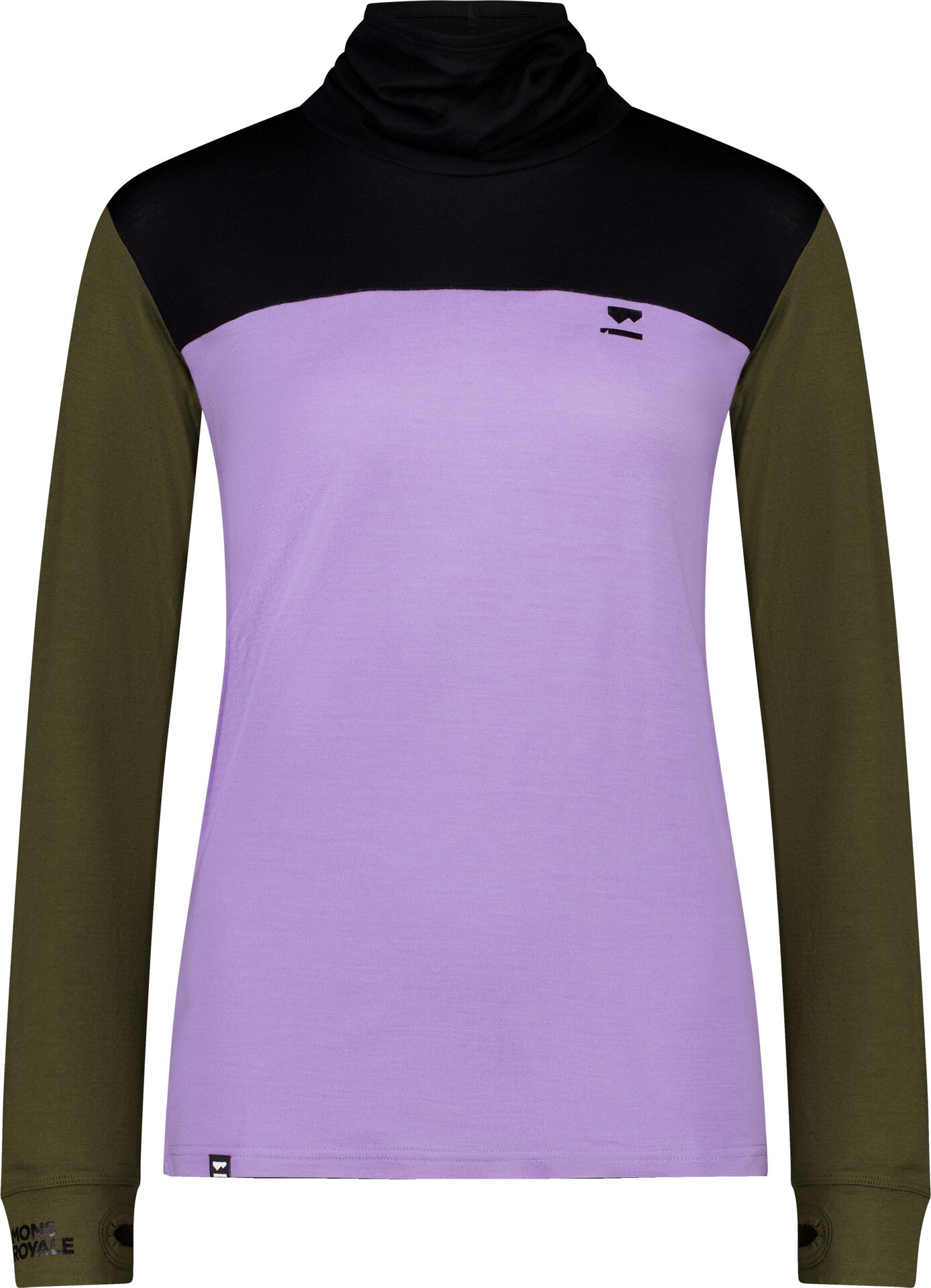 Mons Royale Yotei Merino High Neck Long Sleeve Womens Lupin / Dark Olive / Black