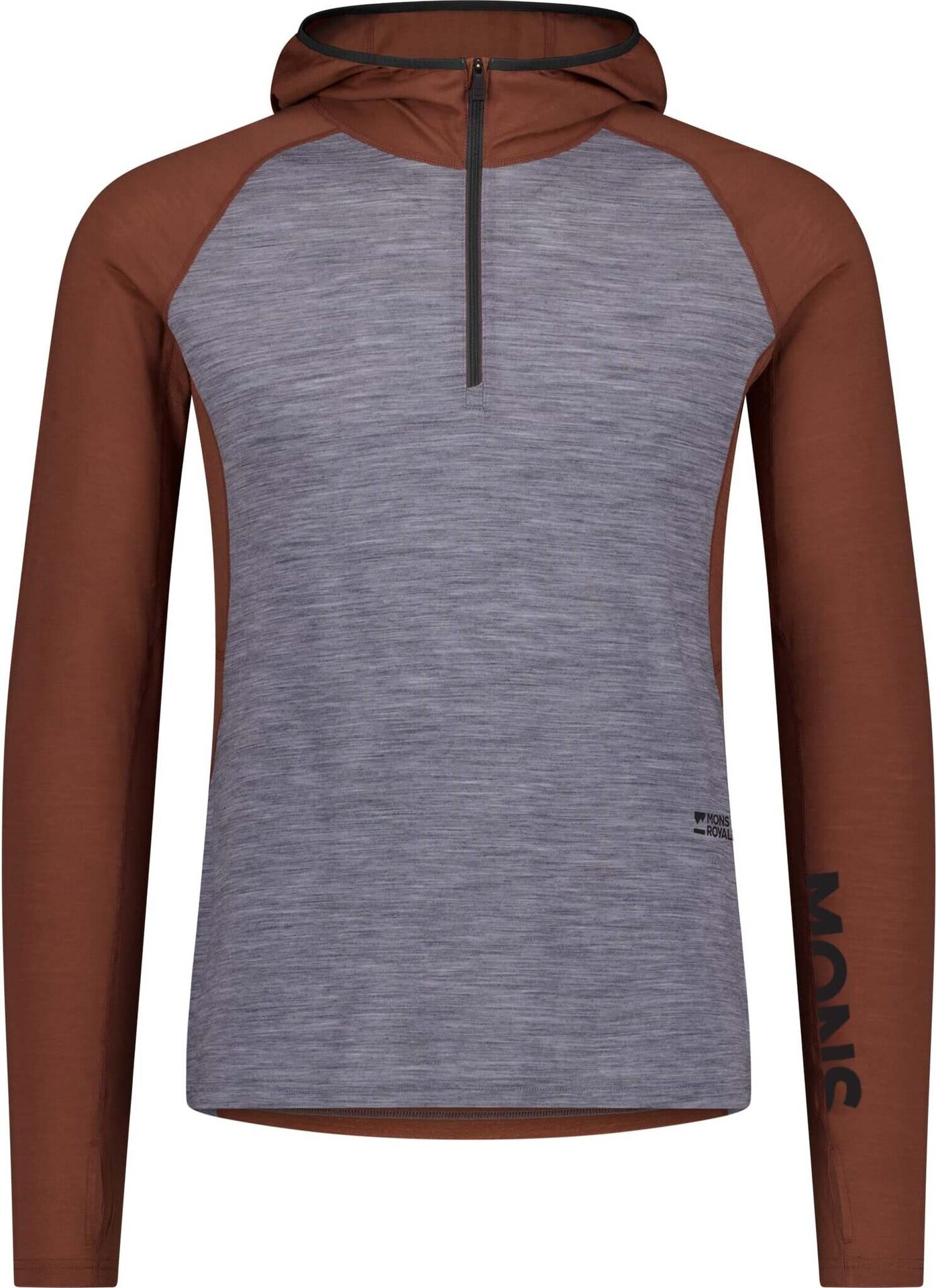Mons Royale Temple Merino Long Sleeve Hood Mens Cinnamon / Grey Heather
