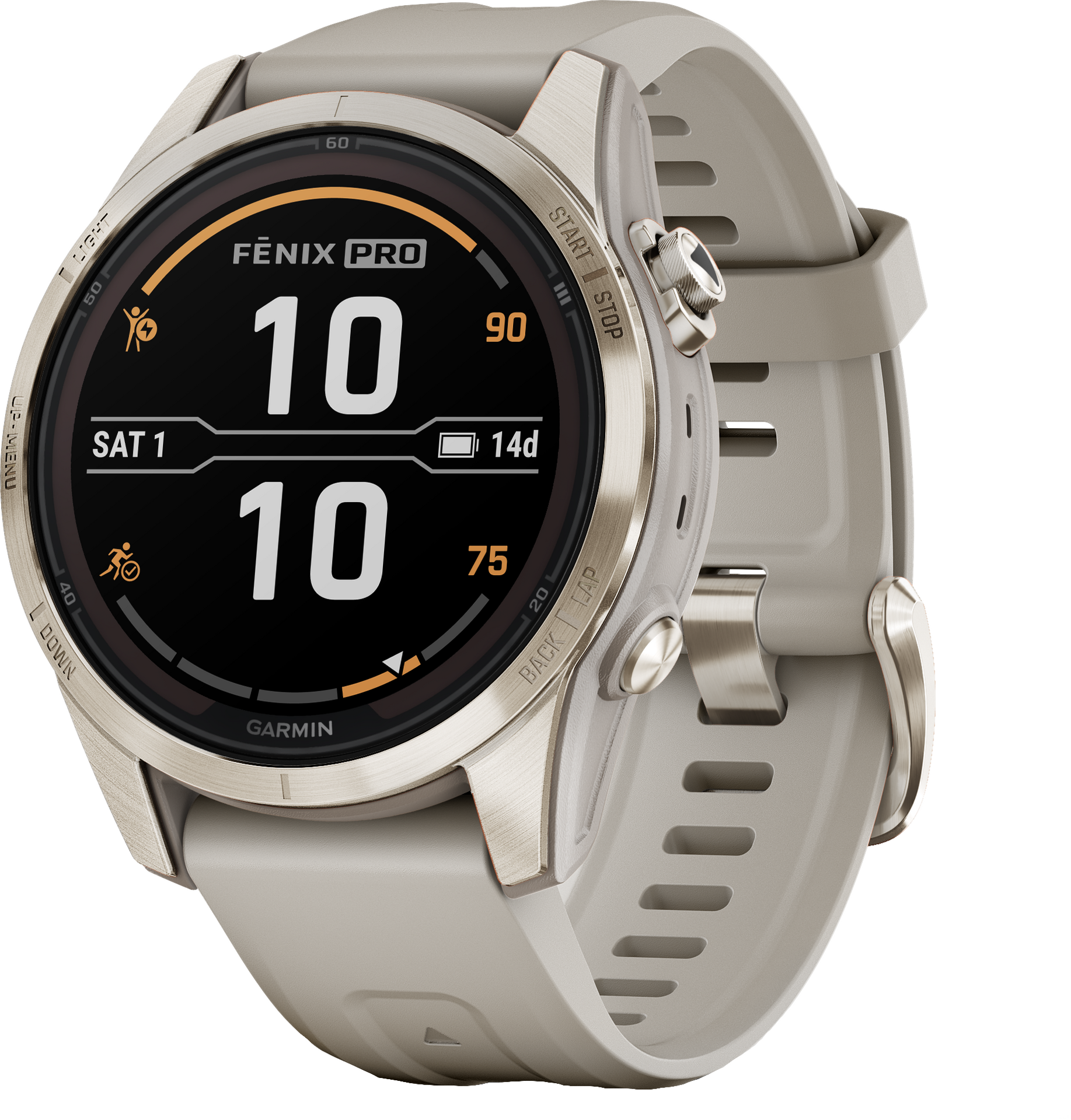 Garmin Fenix 7S Pro Sapphire Solar (Esittelykappale) Cream Gold SS w/ Fr. Gray Band