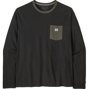 Patagonia Long-Sleeved Shop Sticker Pocket Responsibili-Tee Mens, Black w/ Basin Green, S