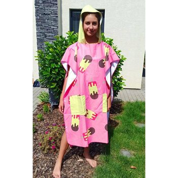 BornToSwim Changing Robe Poncho Towel With Hood Kids, Ice cream Pink/Yellow, S (70 x 80 cm)