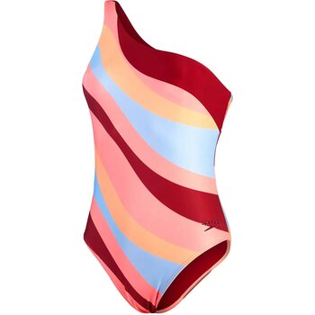 Speedo Printed Asymetric 1 Piece Womens, Oxblood / Soft Coral / Blue Tack / Nectarine, 38 (EUR 42)