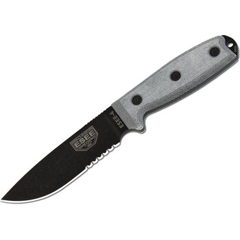 ESEE Knives Esee-4, Black Blade / Micarta Handle / Serrated Edge / Coyote Brown Sheath with Clip Plate