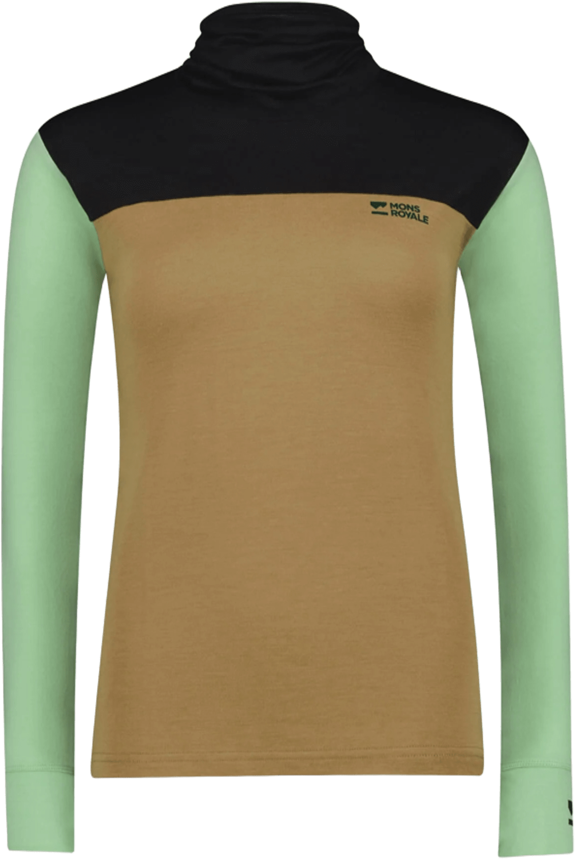 Mons Royale Yotei Merino High Neck Long Sleeve Womens Matcha / Toffee / Black
