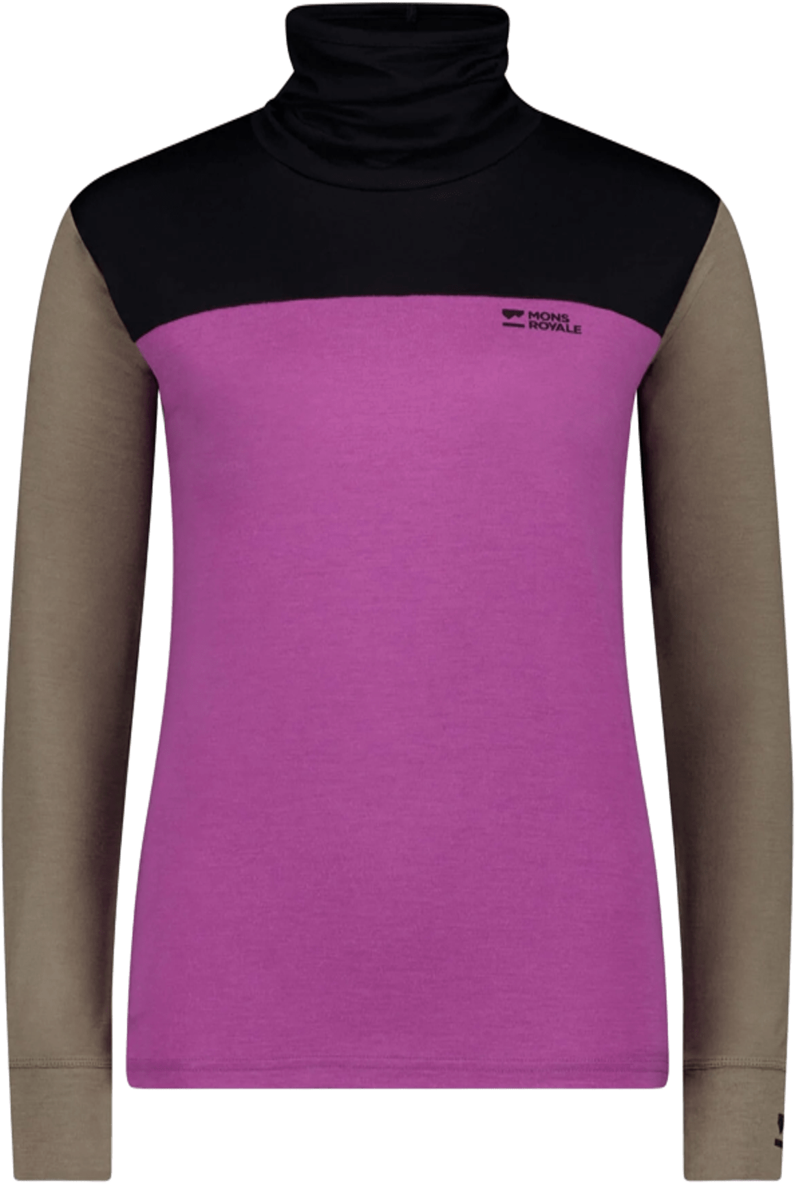 Mons Royale Yotei Merino High Neck Long Sleeve Womens Purple Bolt / Walnut / Black