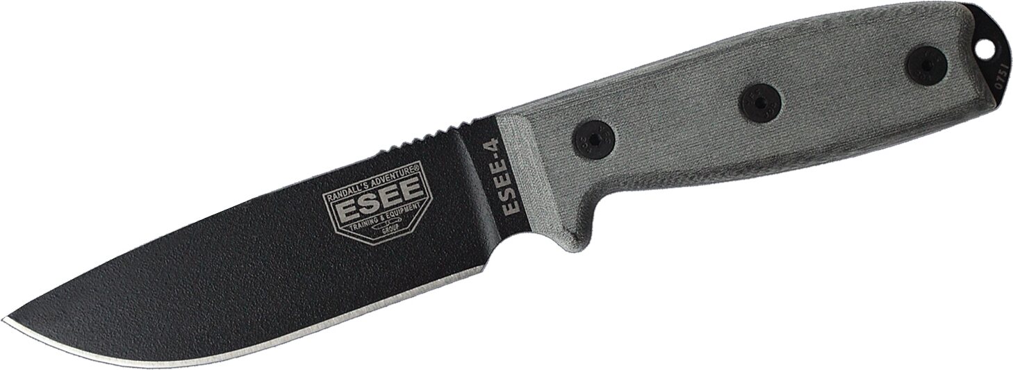 ESEE Knives Esee-4 Black Blade / Micarta Handle / Plain Edge/ Coyote Brown Sheath with Clip Plate