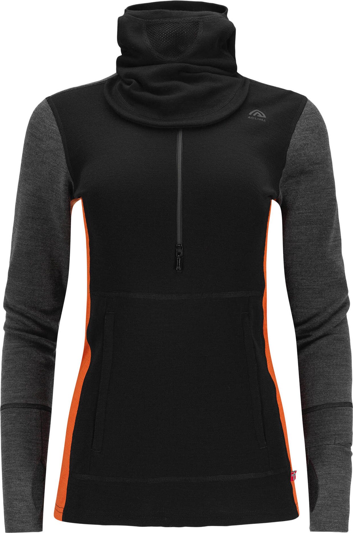 Aclima WarmWool Hood Sweater w/Zip Womens Jet Black / Marengo / Gold Flame