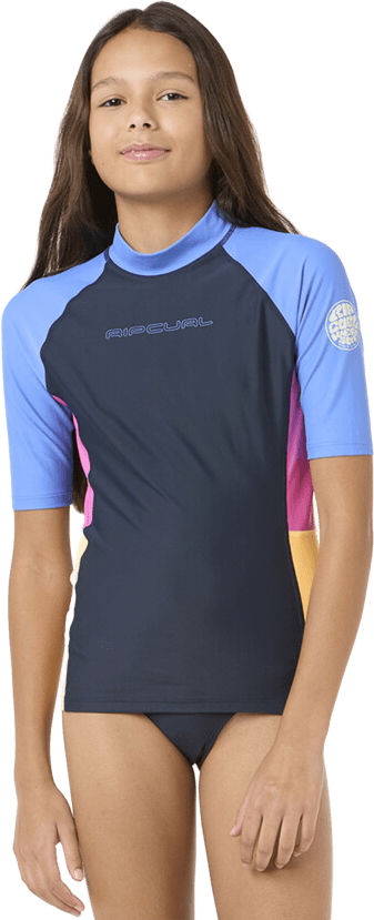 Rip Curl Block Party Short Sleeve Rash Vest Girls Navy