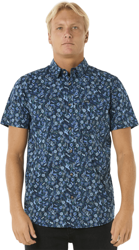 Rip Curl Florar Reef Short Sleeve Shirt Mens Washed Navy
