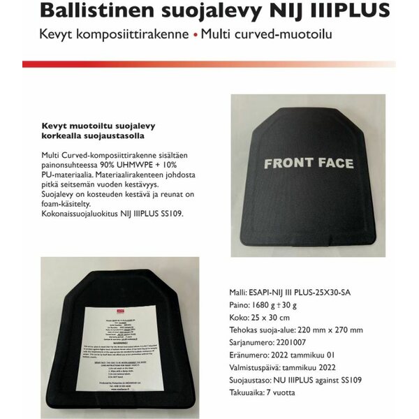 Mediwear ESAPI-NIJ III PLUS-25X30-SA ballistic plate.